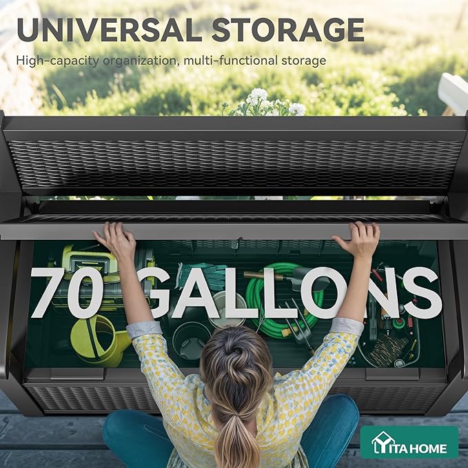 YITAHOME 70 Gallon Storage Bench Deck Box, Lockable Patio Bench, Waterproof Outdoor Pool Deck Storage for Patio Cushions, Garden Tools and Pool Supplies, Black