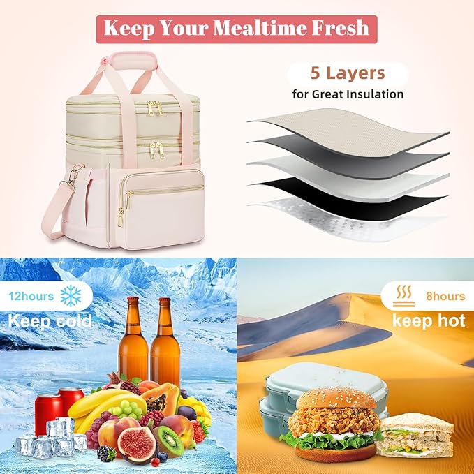 Insulated Lunch Bag & Lunch Box for Women - Double Deck Reusable Lunch Bag for men Tote Cooler Bag Leakproof Soft Expandable - Large Lunchbox for Work/Adult/Picnic/Outdoor (Pink，15L)