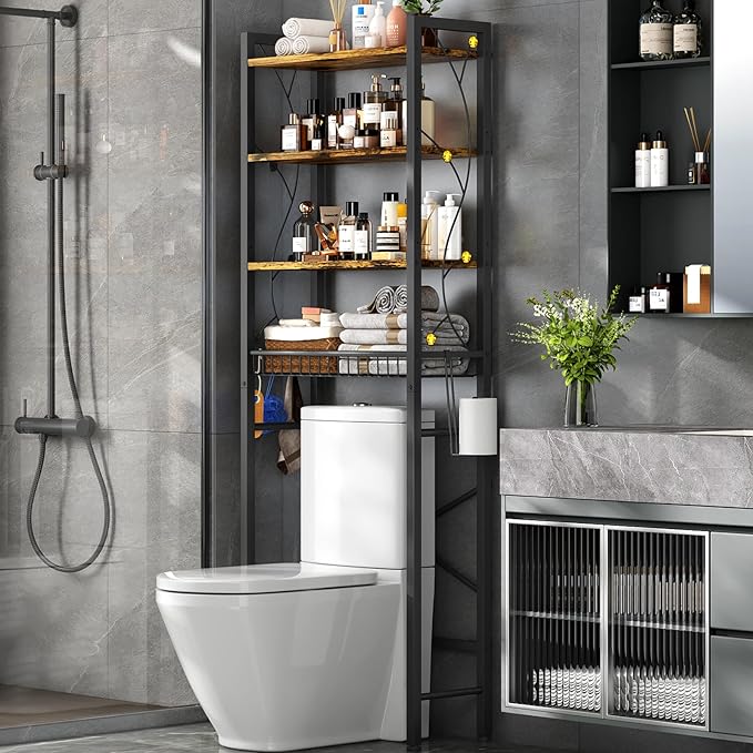 Over-The-Toilet Storage Rack, 4-Tier Bathroom Organizer Shelf Over Toilet with Adjustable Shelf and Basket, Freestanding Space Saver Bathroom Shelves Above Toilet for Room (Rustic Brown)