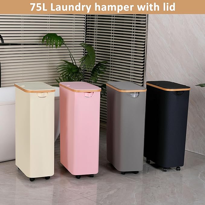 Laundry Basket with Lid, Large Laundry Hamper with Handle and Lid, Collapsible Clothes Basket Organizer with Removable Inner Bag for Clothes Toys Towels (Black, 75L with Wheels)