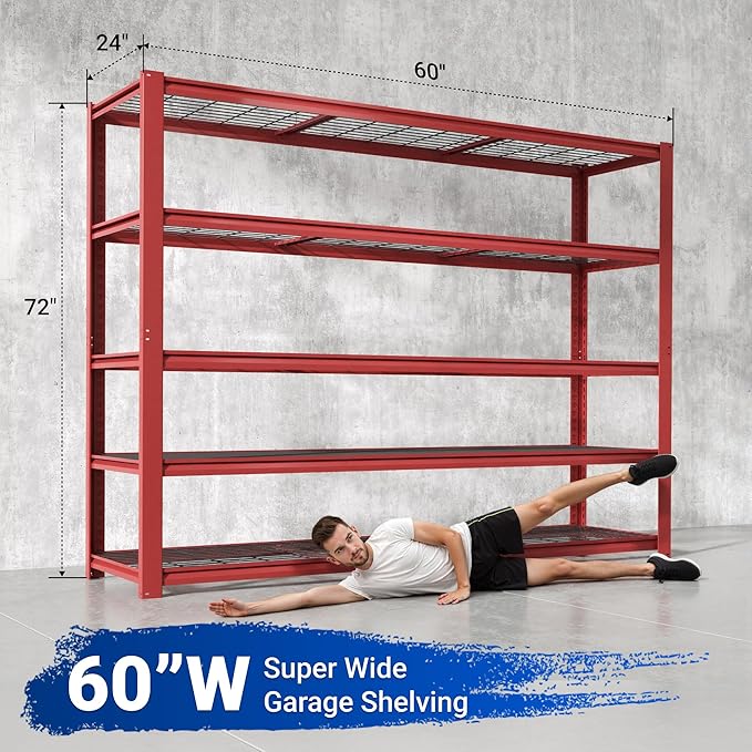 FLEXIMOUNTS 60" W Garage Shelving, 5 Tier Storage Shelves Load 1500LBS, Adjustable Garage Shelving Heavy Duty, Metal Shelves Unit for Basement, Warehouse, 60" W x 72" H x 24" D, Red
