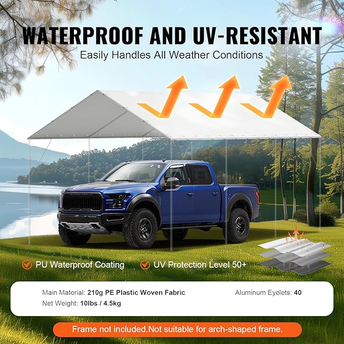 VEVOR 10x20' Canopy Replacement Cover Heavy Duty, Carport Garage Top Tent Shelter Tarp Waterproof & UV Protected, Easy Installation with 40 Free Ball Bungeess(Only Cover, Frame Not Include)