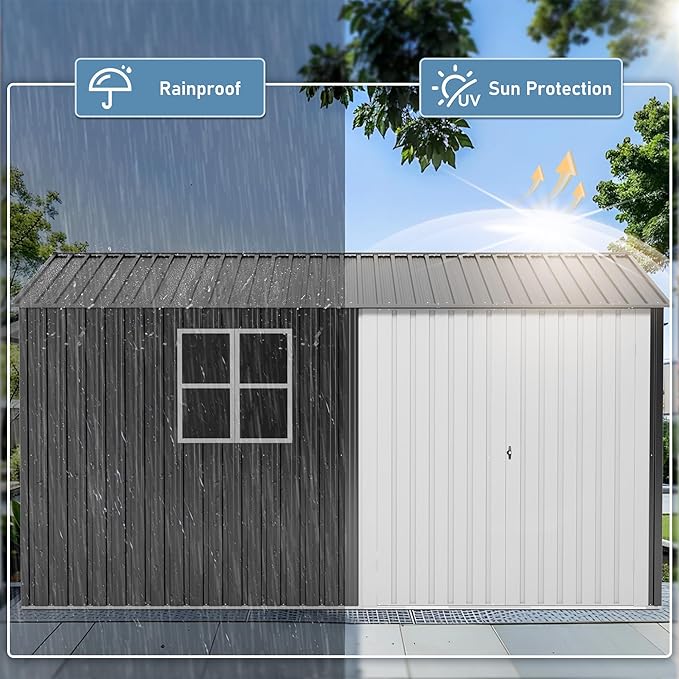 12x10 FT Outdoor Metal Storage Shed with Window, Heavy-Duty Galvanized Steel Tool Shed with Lockable Doors, Waterproof Garden Shed for Backyard, Patio, Lawn, Black