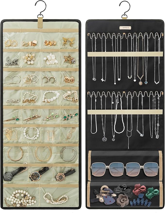 GMAK Hanging Jewelry Organizer with Hanger Metal Hooks, Double-Sided Jewelry Holder Accessories Organizer Storage Roll for Jewelry, Earrings, Bracelets, Necklaces, Rings - Black