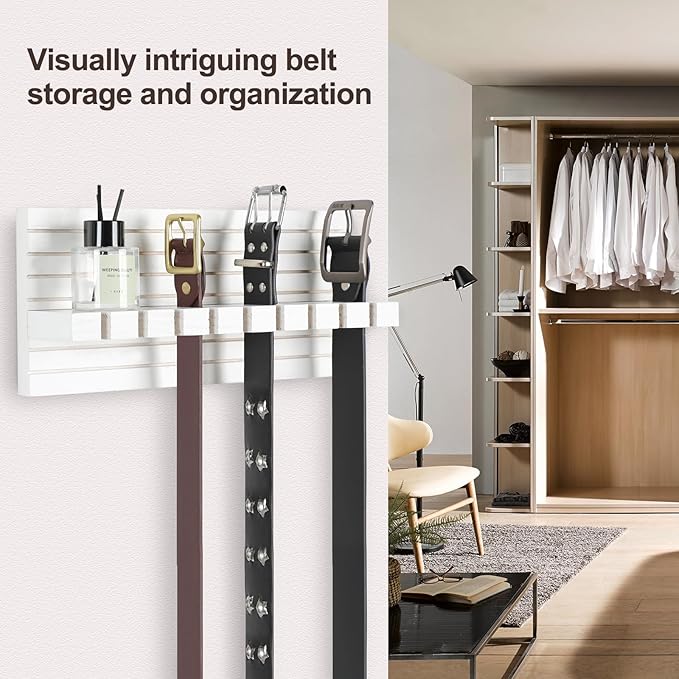 Belt Organizer for Closet, Belt Hanger Wall Mounts to Hold 9 Belts without Slipping, Space Saving Belt Rack for Closet Organization includes Mounting Hardware (11.8” x 5.5” x 2.5”) (White)