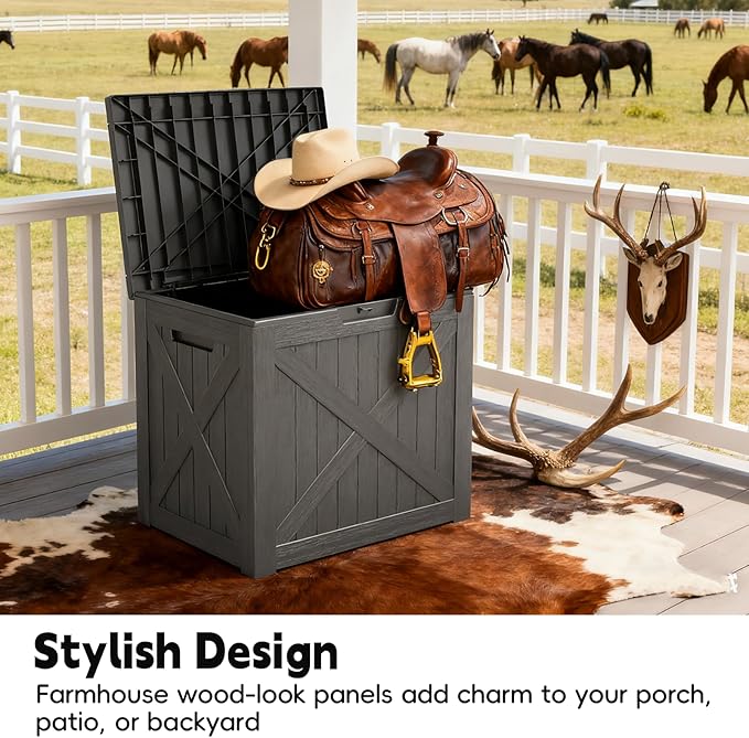 Outdoor Storage Box, Deck Box Waterproof 35 Gallon, Resin Outside Storage, Storage Bin for Package Delivery, Patio Furniture Cushion, Pool Accessories, Weatherproof and UV Resistant, Black, Barn Style