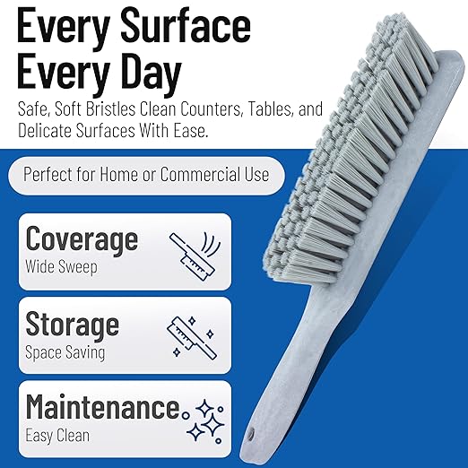SPARTA Handheld Soft Counter Brush 8 Inch Bristle Span, Multi-Use Dust Brush with 5 Inch Handle for Tables, Countertops, and Delicate Surfaces, Polyester, Gray