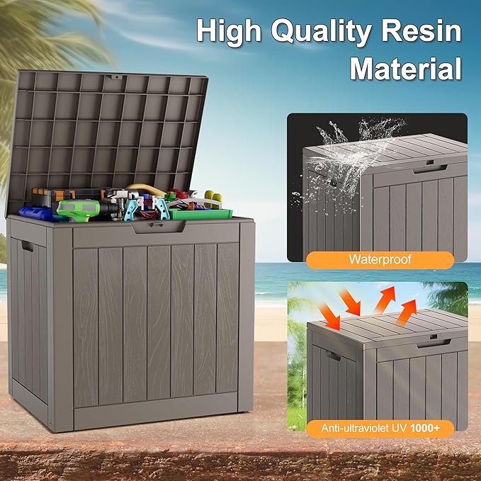 KAMABOKO Deck Box, 32 Gallon Resin Indoor and Outdoor Storage Boxes Waterproof for Garden Tools, Pool Accessories Storage Bench, Patio Furniture and Cushions with Lockable Lid, Grey