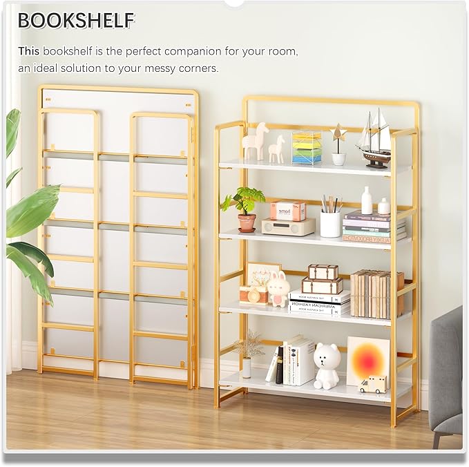 4NM No Assembly Extra Wide 4 Tiers Folding Bookshelf Storage Shelves Vintage Bookcase Standing Racks Study Organizer Home Office (White Gold)