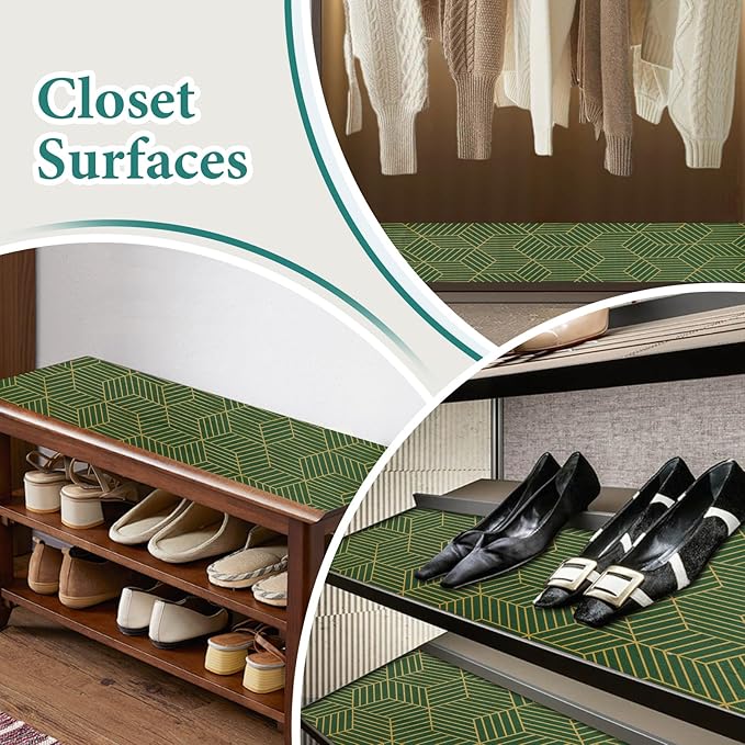 Shelf Liners for Kitchen Cabinets 23.6in x 20FT, Non Adhesive Cabinet Liner Strong Non-Slip Thickened Gold Green Geometric Drawer Liner, Easy to Clean for Shelf, Cabinet with Knife and Tape Measure