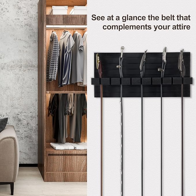 Belt Organizer for Closet, Belt Hanger Wall Mounts to Hold 9 Belts Without Slipping, Space Saving Belt Rack for Closet Organization Includes Mounting Hardware (11.8” x 5.5” x 2.5”) (Black)