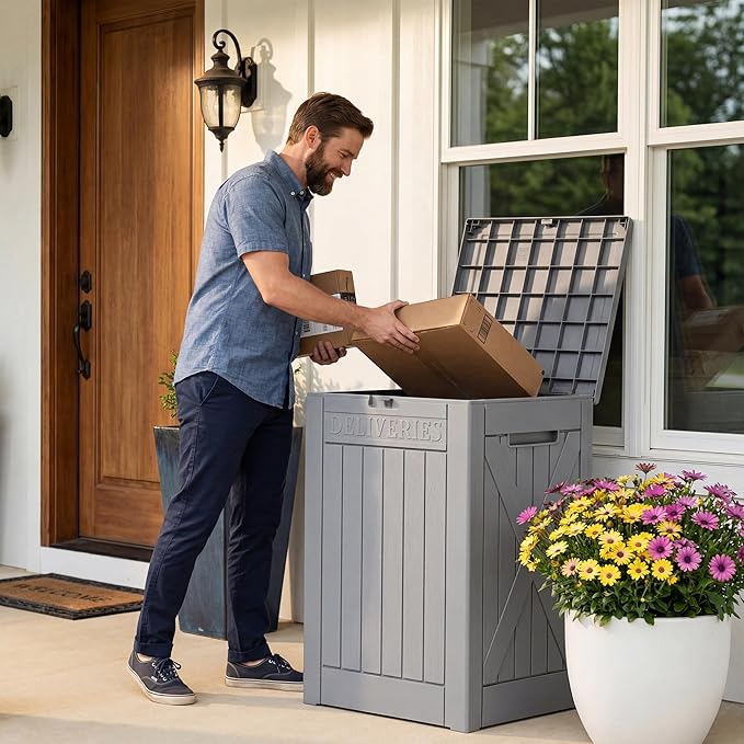 Lockable Outdoor Storage Box 52 Gallon, All-Weather Resin Deck Box for Patio, Garden, Pool, Organizes Furniture Cushions, Gardening Tools, Pool Accessories, Gray