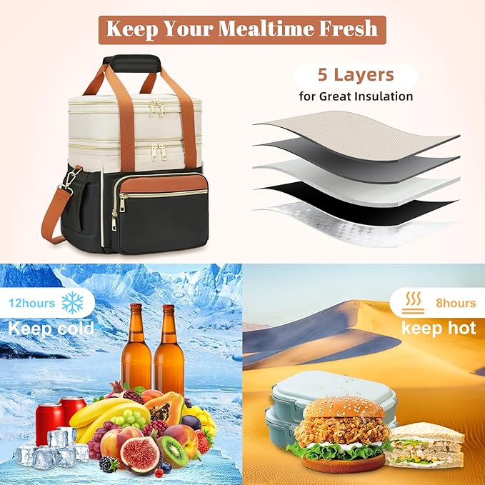 Insulated Lunch Bag & Lunch Box for Women - Double Deck Reusable Lunch Bag for men Tote Cooler Bag Leakproof Soft Expandable - Large Lunchbox for Work/Adult/Picnic/Outdoor (Coffee Black，15L)
