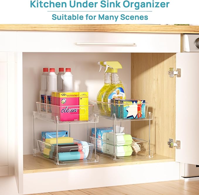 Vtopmart 4 Pack Bathroom Organizer, 2 Tier Clear Under Sink Organizers Vanity Countertop Storage Container,Cabinet Drawers Bins, Pull-Out Organization with Track for Pantry, Kitchen