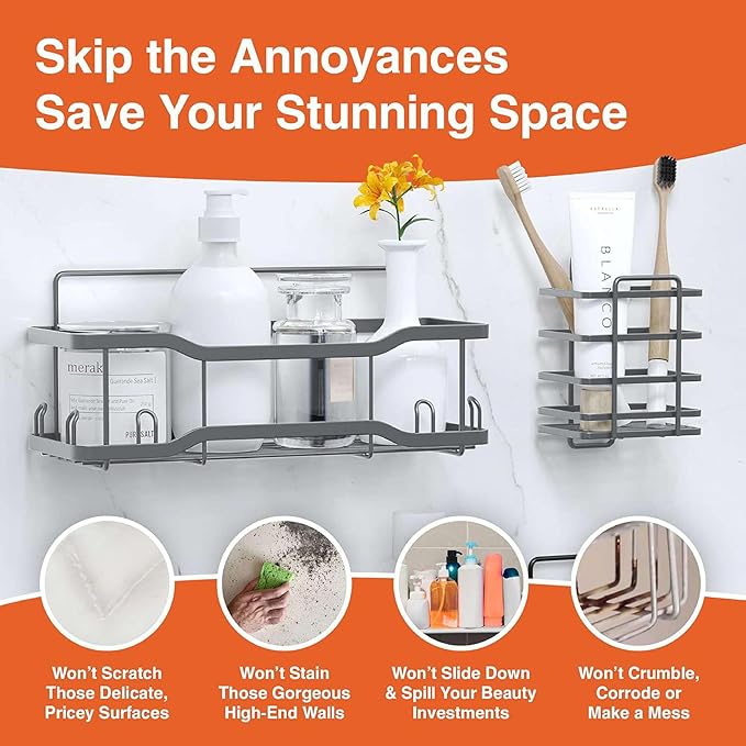 Shower Caddy Bathroom Shelves, The Athena Silken 4 Set, 40LB Capacity, Adhesive Tape - No Drill - Rustproof -Gorgeous Powder Coated 304 Stainless Steel Shower Organizer for kitchen & Home Decor - Grey
