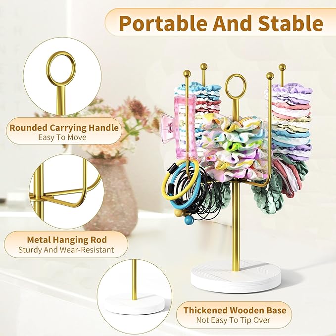 Scrunchie Holder for Desktop, Hair Tie Organizer Wall Mount, Metal Claw Clip Organizer, Headband Storage for Women Hair Accessories Display Stand for Hairbow, Bracelets, Ropes Ties (Gold)