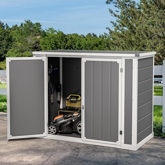 DWVO 41 Cu.ft Horizontal Resin Storage Shed, All Weather 4.7x2.5 FT Outdoor Garden Shed with Hydraulic Struts, 3 Locks, Lockable to Floor for Garden Tools, Trash Cans, Gray