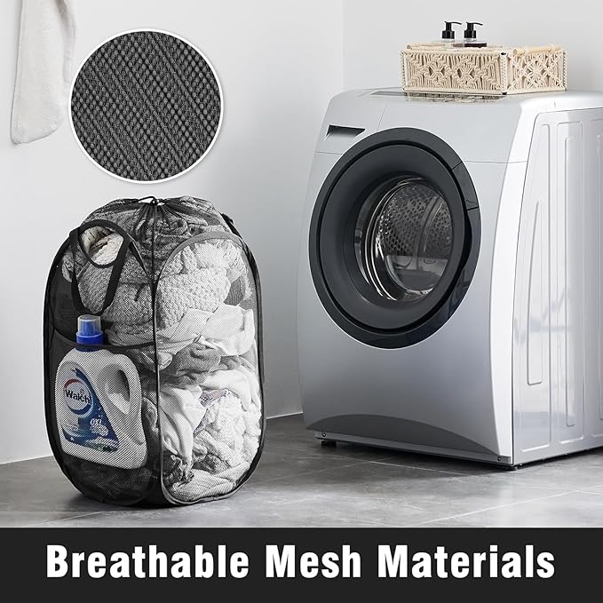 TECHMILLY Collapsible Mesh Pop Up Laundry Hamper with Sturdy Handles and Side Pocket - Portable Foldable Clothes Baskets for Dorm, Bathroom & Travel Storage (with Drawstring, Black, 2 Packs)