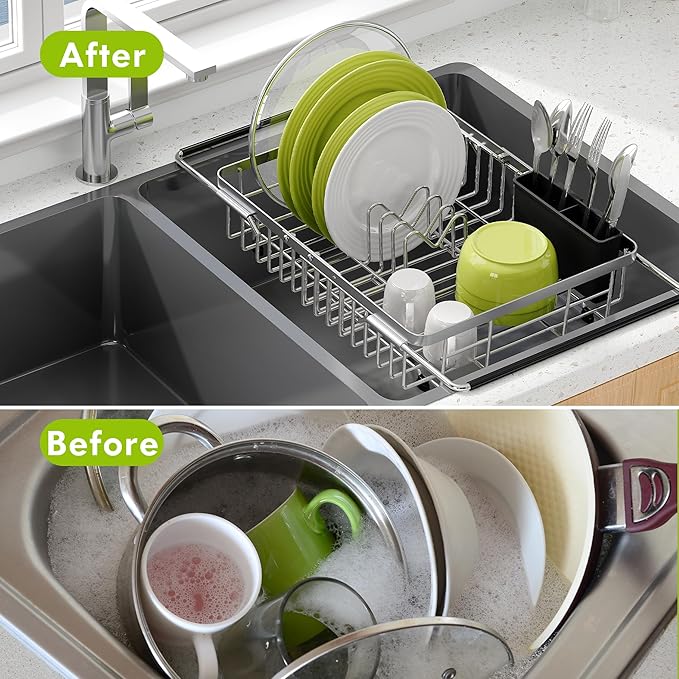 JASIWAY Dish Drying Rack in Sink, Expandable Stainless Steel Dish Drainer for Kitchen Sink, Dish Strainer Rack, Retractable Over Sink Dish Rack with Utensil Holder, 13.4''~16.9''D x 11.8''W, Silver
