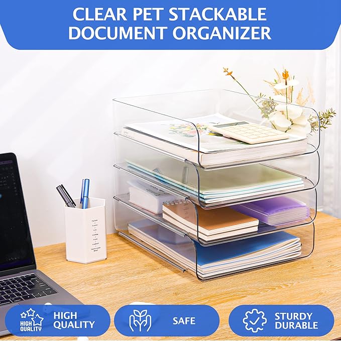 Set of 4 Office Organization and Storage, Clear PET Letter Tray Desk Organizer, Stackable Document Organizer and File Paper Organizer for Office Supplies