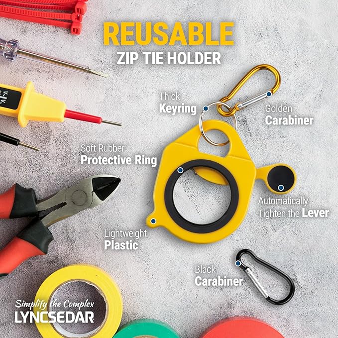 Zip Tie Holder, 2 Pack Yellow & Blue Reusable Cable Tie Holder, No.5 Carabiner, ABS Plastic, Outdoor Use, Heavy Duty Ziptie Organizer Clip for Electrician Tool Belt Wrap Storage Container