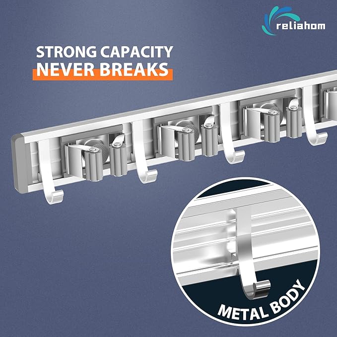 reliahom Broom Holder Wall Mount, 4 Racks with 5 Hooks Silver - Mop Storage Tool Racks, Broom Hanger Tool Organizer for Garage, Kitchen, Garden, Laundry Room