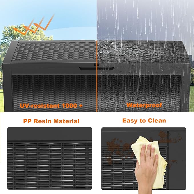 100 Gallon Outdoor Deck Box, Lockable Waterproof Outdoor Storage Boxes For Garden Tools,Indoor Cushions,Accessories Outside Storage Resin Weatherproof Container(Black)