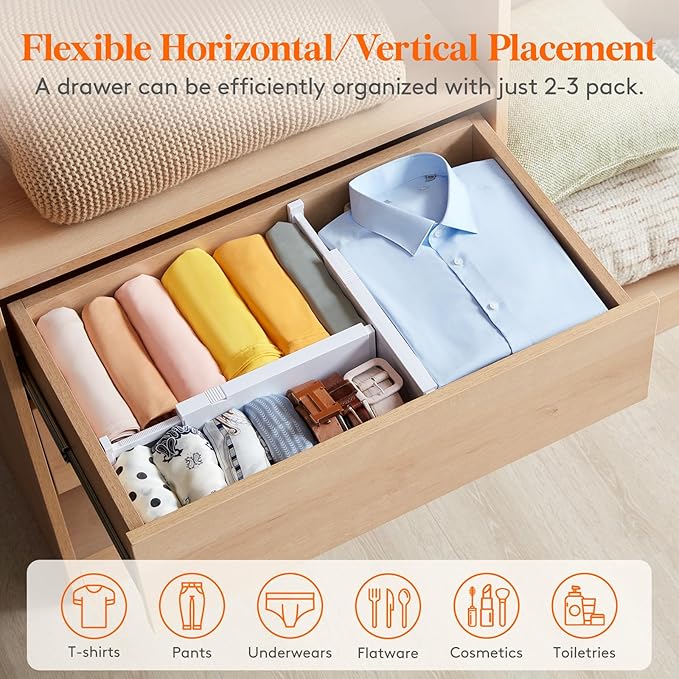 Lifewit 4 Pack 4" High Drawer Dividers 28-43.5cm/11-17" Adjustable Drawer Organizer for Clothes/Utensils, Expandable Drawer Separator in Dresser/Kitchen/Bedroom/Office Organization & Storage White