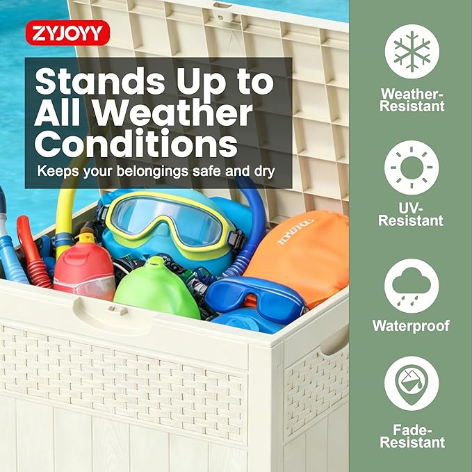 ZYJOYY 33 Gallon Resin Deck Box, Weatherproof Outdoor Storage Box for Patio, Garden and Yard, Lockable Waterproof Bin for Tools, Cushions, and Accessories, White