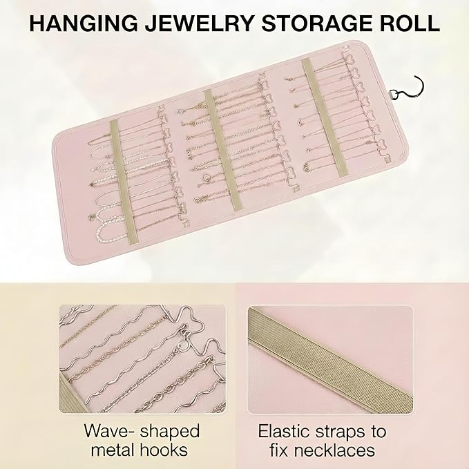 Hanging Jewelry Organizer- Dual-Sided Necklace Holder Wall Mount & Over The Door Closet Storage - Pockets Large Capacity Accessory Holder for Earrings, Rings, Bracelets - 360° Rotating (1, Pink, XL)