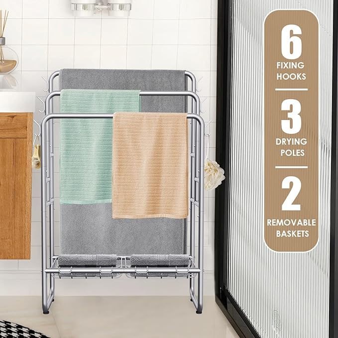 Kayfia 40" Tall Standing Towel Rack for Extra Large Towel, 3 Tier Floor Towel Stand with Storage Basket & Hook, Freestanding Blanket Ladder Display and Drying Rack for Bathroom Living Room