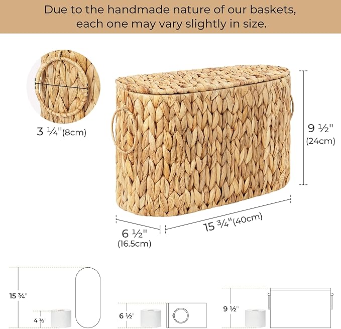 StorageWorks Toilet Paper Storage with Lid, Toilet Paper Storage Holder for 6 Regular Rolls, Wicker Basket for Bathroom, Natural Water Hyacinth