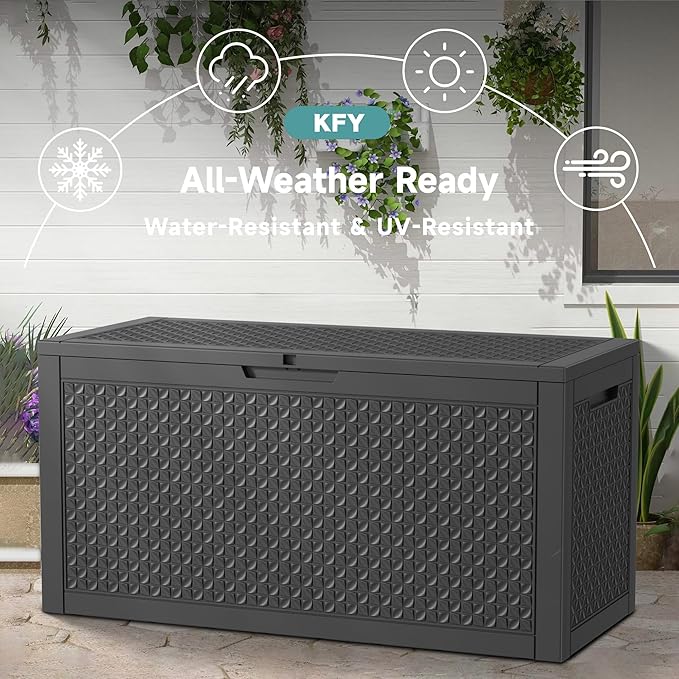 101 Gallon Waterproof Outdoor Storage Box, UV Resistant Resin Deck Box with Hydraulic Rod for Reinforced Stability, Perfect for Patio, Garden, and Pool（Black，101 Gallon）