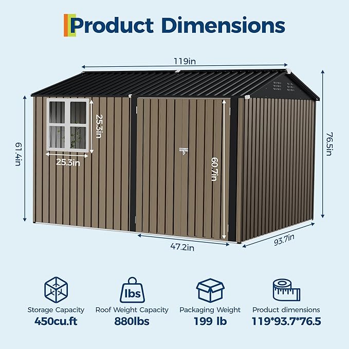 8x10 FT Outdoor Storage Shed,450CU.T Metal Tool Shed with Clear Window, Lockable Doors,Large Garden Storage Box with Sloping Roof，Sheds&Outdoor Storage for Backyard Garden Patio Lawn