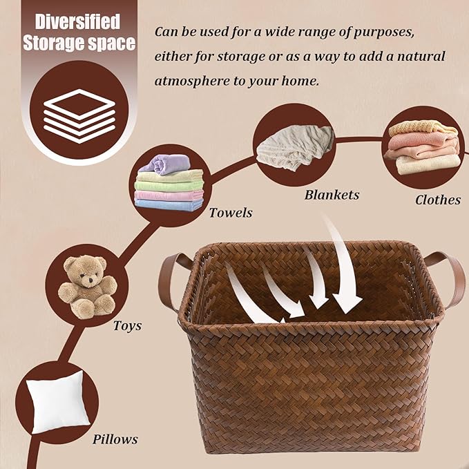 BROWNLILY Handwoven Clothes Basket Laundry Hampers Large Wicker Storage Baskets for Shelves Blankets Closet Storage Bins Car Bedroom Bathroom Organizers and Storage Bath (9, Brown)