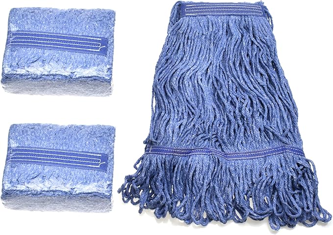 Heavy Duty Commercial Mop Head Refill - Industrial Grade Blue Cotton Looped-End String for Wet Mopping, Long-Lasting (2 Pieces Pack)