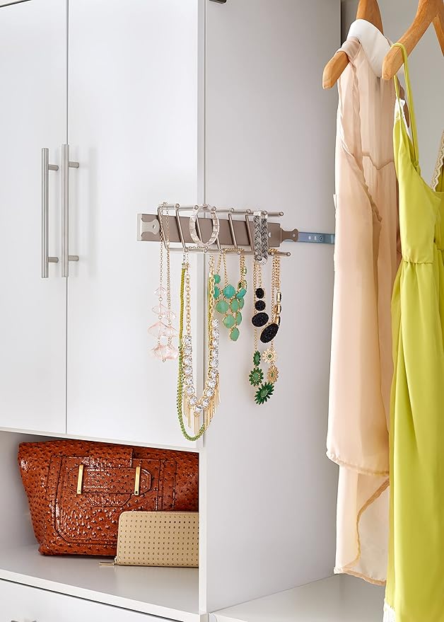 ClosetMaid SuiteSymphony Tie, Belt or Jewelry Rack, Sliding Slide Out Closet Organizer, 14 Hooks, Wall Mount or Add On Accessory, Satin Nickel