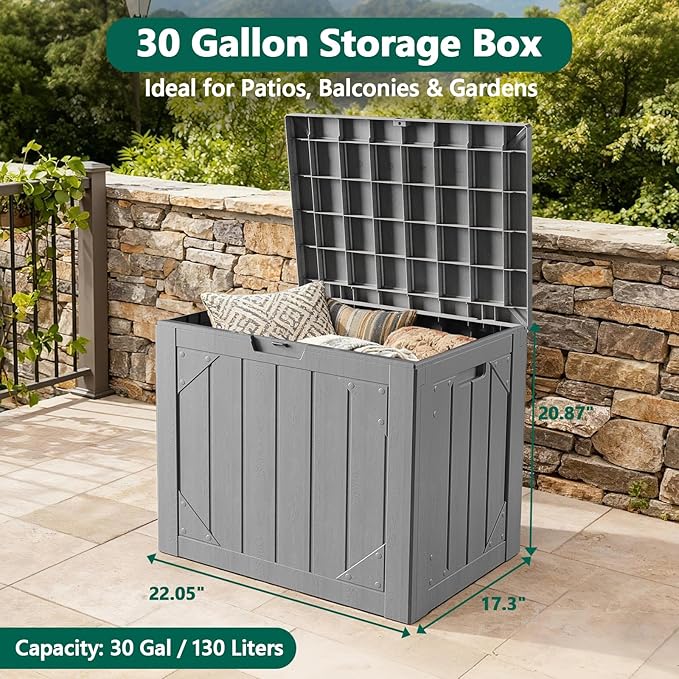 30 Gallon Outdoor Storage Box, Waterproof Resin Deck Box Organizer for Patio Cushion Storage, Lockable Outside Container for Garden Tools