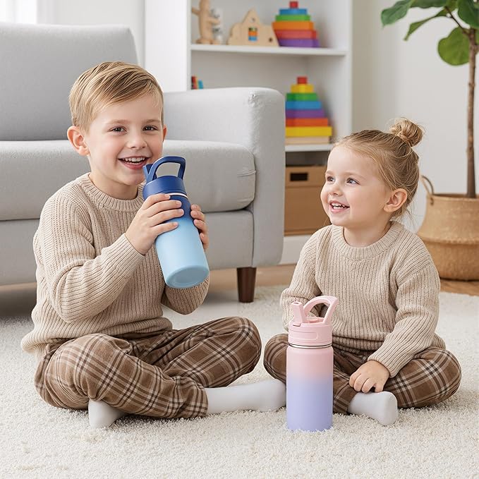 12oz Kids Water Bottle for School, Toddler Bottles with Straws, Stainless Steel Vacuum Insulated Water Bottle for Boys&Girls, Leak-Proof, BPA-Free, Luck