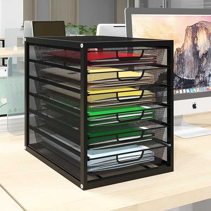 Natwind Mesh Desk Organizer with 6 Tier Sliding Drawers, Paper Sorter, Multi-Functional Home Office Supplies Storage Tray for Letters, Documents, Books, Mail, Files, Arts & Crafts Supplies - Black