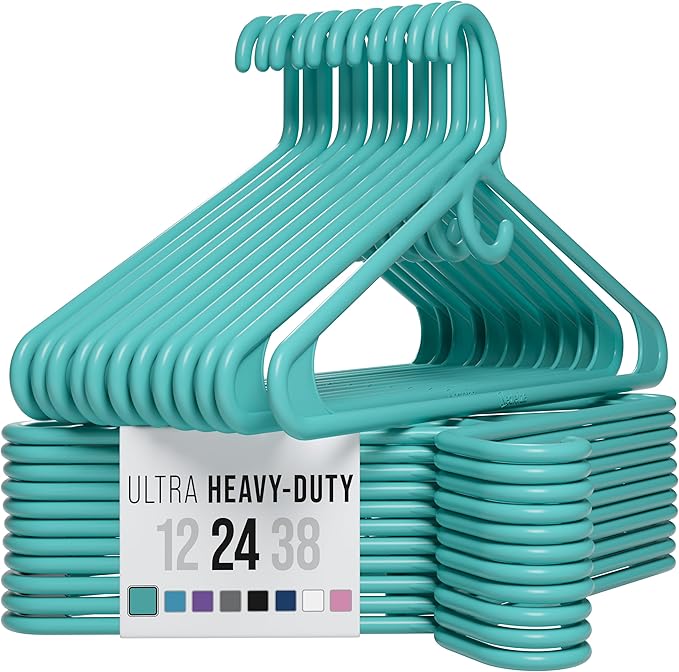 NEATERIZE Ultra Heavy Duty Plastic Clothes Hangers - Aqua - Durable Coat, Suit and Clothes Hanger. Perchas De Ropa (24 Pack - Aqua)