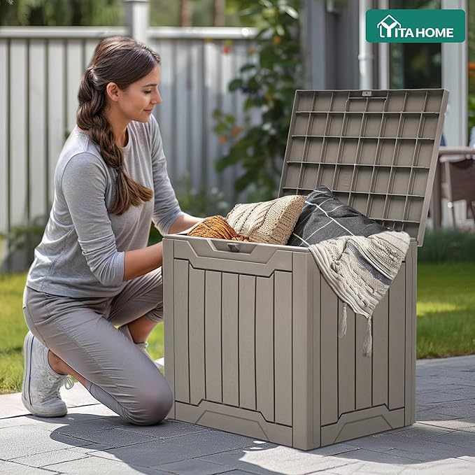 YITAHOME Outdoor Resin Storage Box 31 Gal, Water-resistant Patio Deck Box Outdoor Storage Box for Pillows, Garden Equipment, Securely Lockable, Light Brown