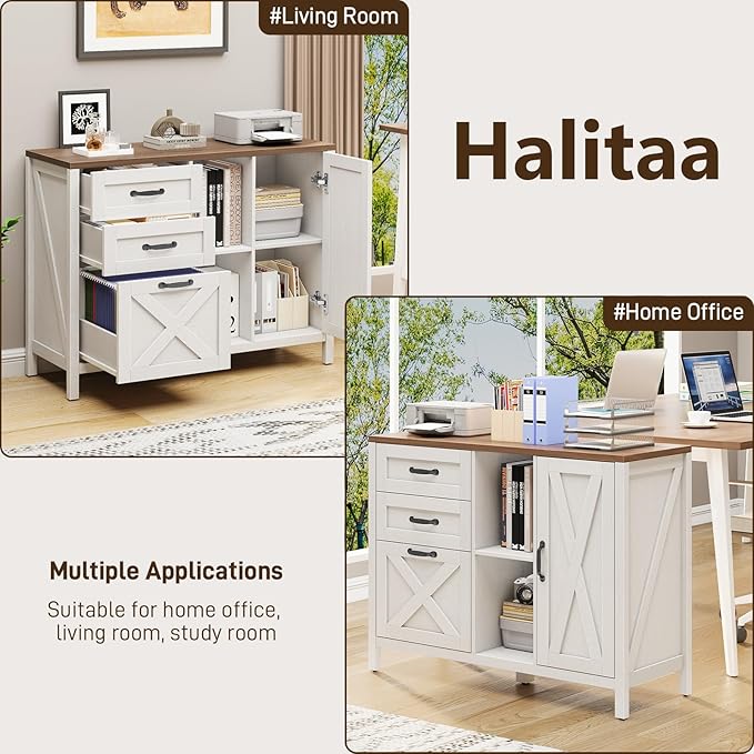 3 Drawer File Cabinet, Farmhouse Style Lateral Filing Cabinet Suitable for Letter or A4 Size Files, Wooden Home Office Storage with Adjustable Shelf and Printer Stand, White