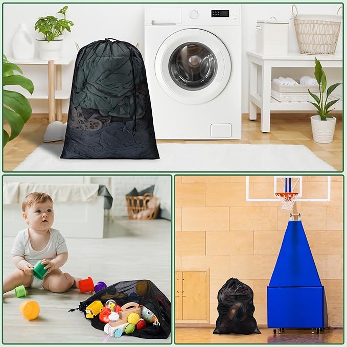 2 Pack Mesh XL Laundry Bags,Machine Washable Dirty Clothes Organizer with Drawstring and ID Tag, Large Laundry Hamper Liner Enough to Laundry Essentials for Travel, Sports(24"x 36",Black)