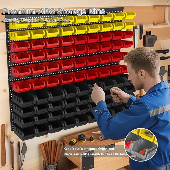 Wall Mounted Storage Bins - Plastic Adjustable Compartment Organizer for Screws, Nuts, Bolts & Tools | Heavy-Duty Home & Garage Organization | Closet, Bedroom, 90PCS (36R+36B+18Y)