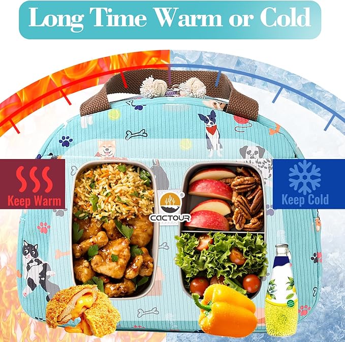 CaCTPUR Lunch Box for Women Girls Teens,Cute Lunch Box Cooler Bag, Portable Insulated Small Lunch Bag Women Reusable Corduroy Lunch Tote for Work/Travel/Picnic/School (Dog Green,Small)