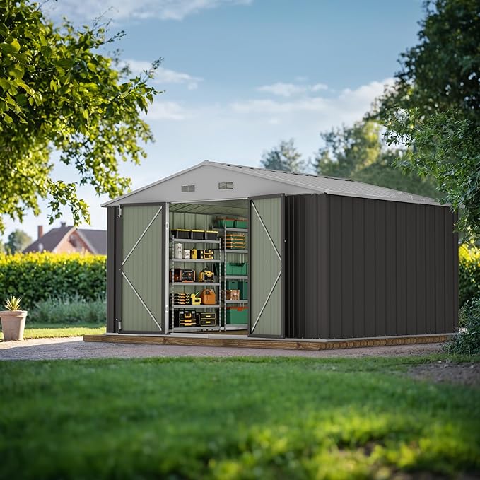 JUMMICO 10 x 8 FT Outdoor Storage Shed, Large Metal Garden Shed & Tool Sheds for Backyard Garden Patio Lawn (Grey)