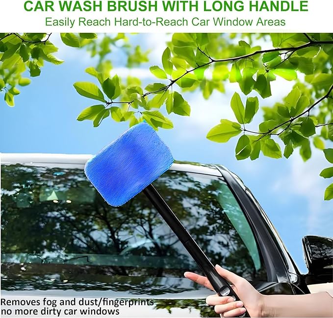 desin Car Windshield Cleaning Tool, Windshield Cleaner with 5 Washable and Reusable Microfiber Pads and Extendable Handle, for Auto Glass Wiper (Blue)