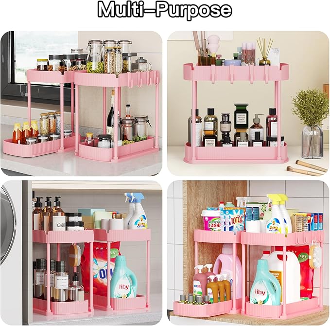 2 Pack Multi-Purpose Pull-Out Storage Organizers, Under Sink Organizers and Storage for Bathroom & Kitchen, Under Cabinet Organizers and storage, 14.8 Inch, Pink