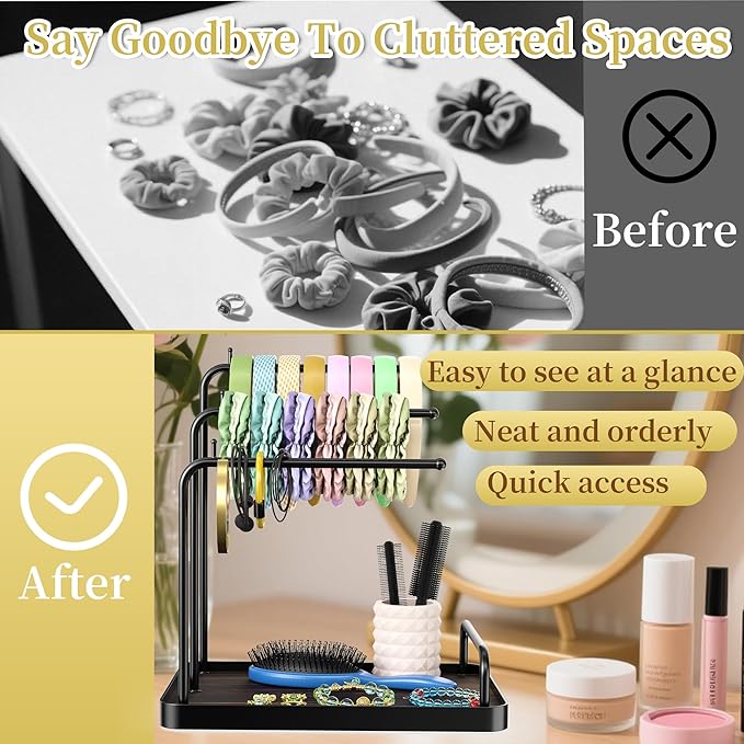 Headband Organizer, Adjustable Angle Hair Tie Holder, Metal Claw Clip Organizer, Hair Hoop Display Stand, Hair Ropes Bow Accessories Storage for Scrunchie Bracelet Bangles Necklace (Black)